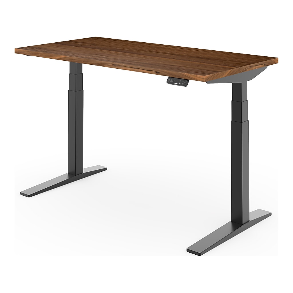 Desk with walnut top and gray frame shown in perspective