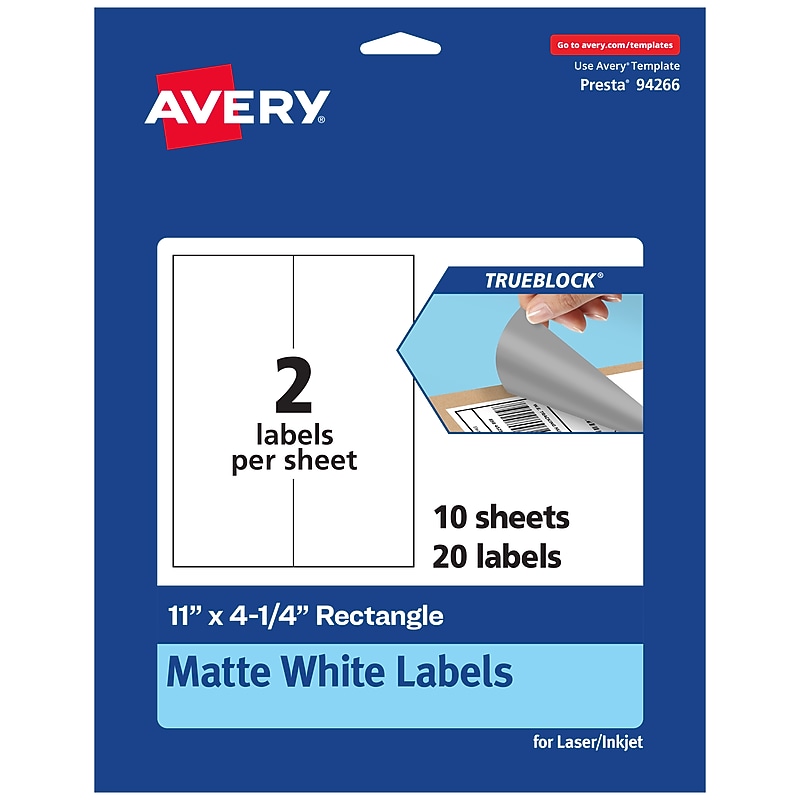 Avery TrueBlock Laser/Inkjet Rectangle Multipurpose Labels, 11" x 4.25", White, 20/Pack (94266) image 1