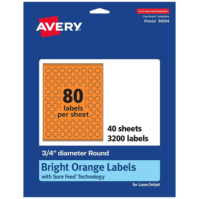 Avery Laser/Inkjet Multipurpose Circle Labels, 0.75" Dia., Bright Orange, 3200/Pack (94504) image 1