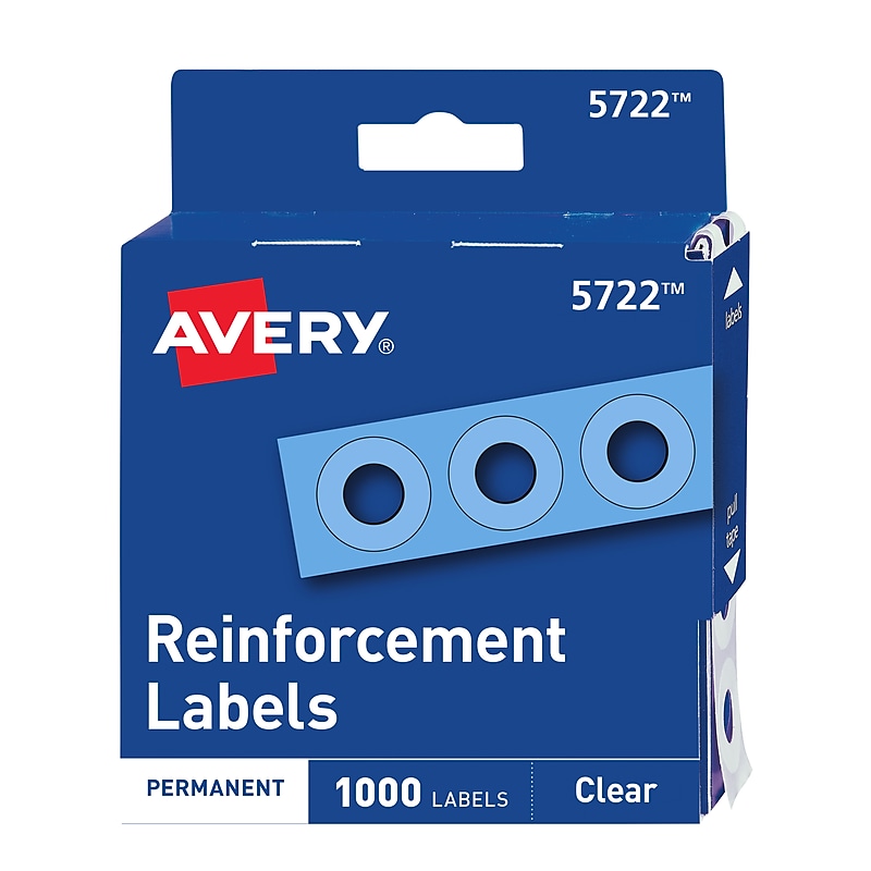 Avery Self-Adhesive Plastic Reinforcement Labels in Dispenser, 1/4" Diameter, Glossy Clear, 1000/Pack (5722) image 1