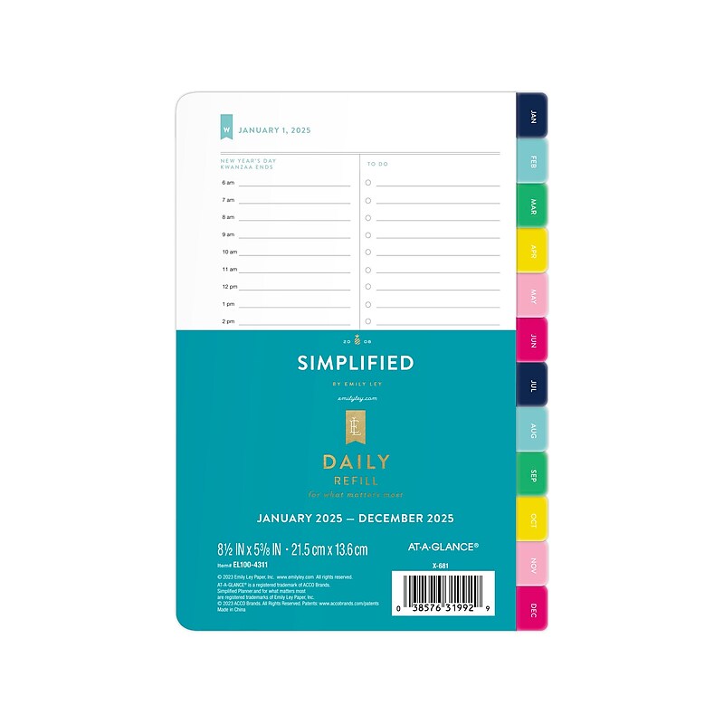 2025 AT-A-GLANCE Simplified by Emily Ley 8.5" x 5.5" Daily & Monthly Planner Refill, Multicolor (EL100-4311-25) image 1