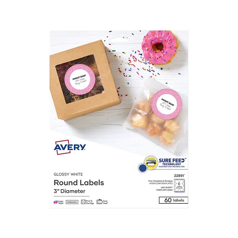 Avery Sure Feed Laser/Inkjet Round Labels, 3" Dia, Glossy White, 60 Labels/Pack (22891) image 1