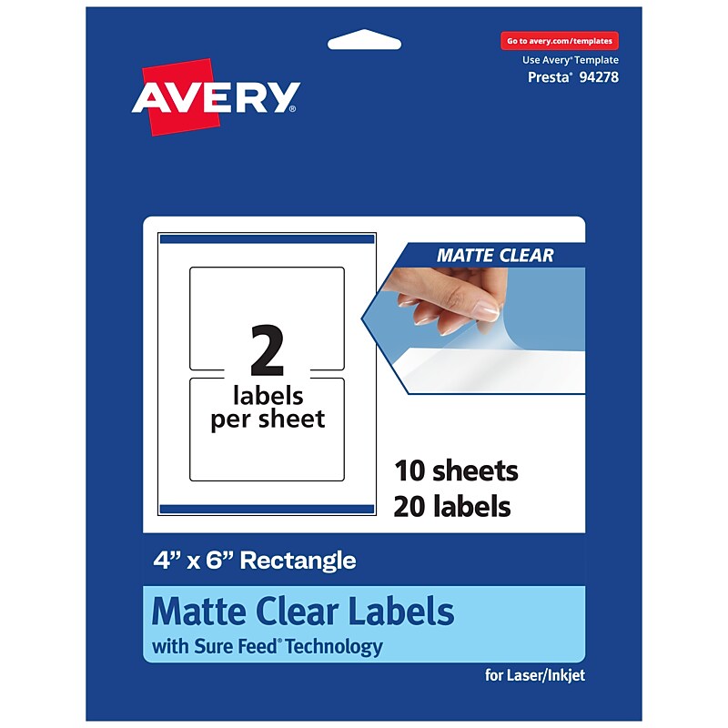 Avery Laser/Inkjet Rectangle Multipurpose Labels, 4" x 6", Clear, 20/Pack (94278) image 1