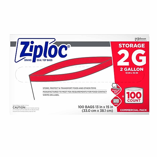 Ziploc Double Zipper Storage Bags, 2 Gallon, 100 Bags/Carton