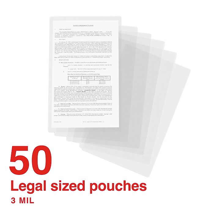 Staples Thermal Laminating Pouches, Legal Size, 3 Mil, 50/Pack