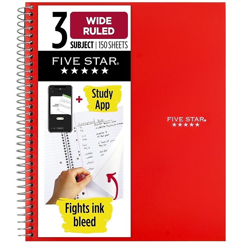 Five Star 3-Subject Notebooks, 8" x 10.5", Wide Ruled, 150 Sheets, Each (51014) image 1