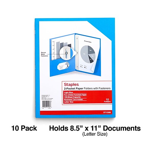 Staples 2Pocket Presentation Folders with Fasteners, Light Blue, 10