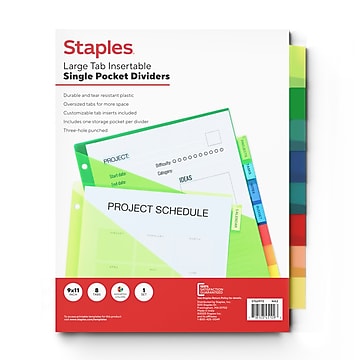 Staples Large Tab Plastic Two-Pocket Insertable Dividers, 8-Tabs