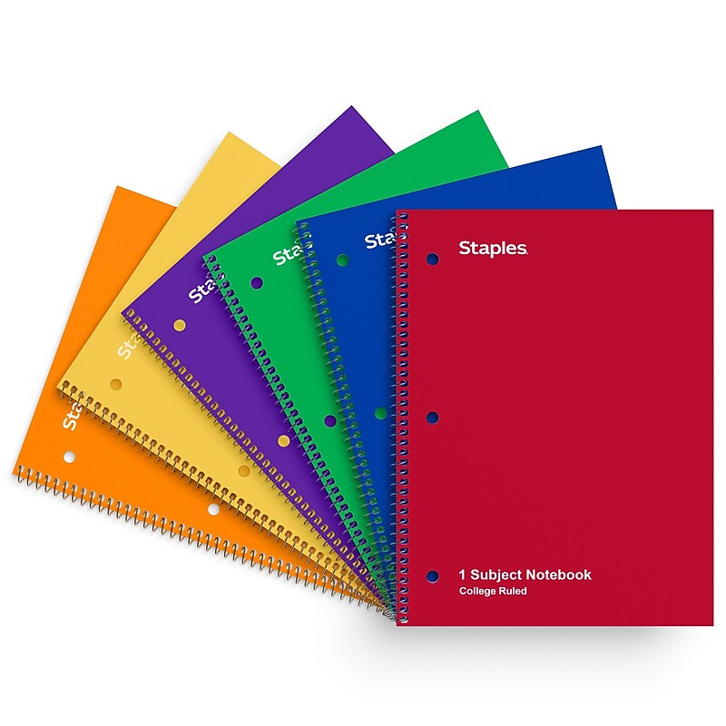 Staples 1-Subject Notebooks, 8" x 10.5", College Ruled, 70 Sheets, Assorted Colors, 6/Pack (ST58376C) image 1