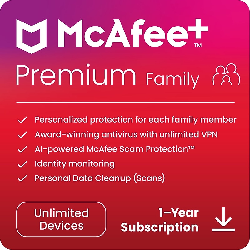 McAfee+ Premium Family for Unlimited Devices, Windows/Mac/Android/iOS/ChromeOS, Download (MPP21EUSURFLD)
