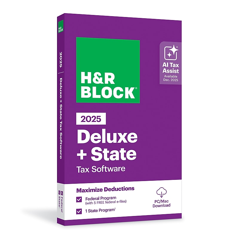 H&R Block 2025 Deluxe + State Tax Software for 1 User, PC/Mac, Product Key Card (1336600-25) image 1