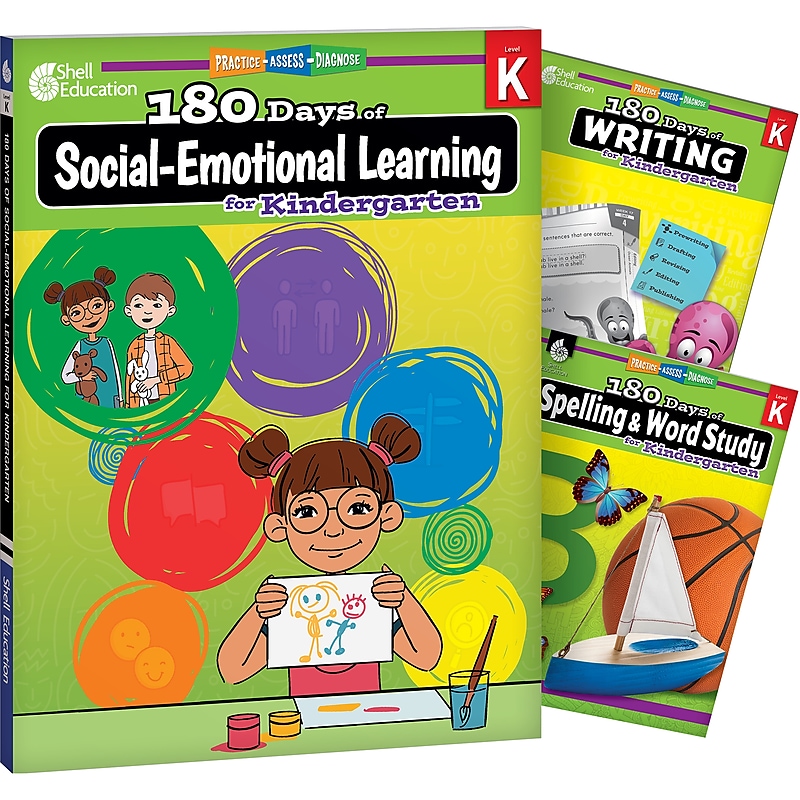Shell Education 180 Days Social-Emotional Learning, Writing, & Spelling Grade K, 3/Set (SEP147652) image 1