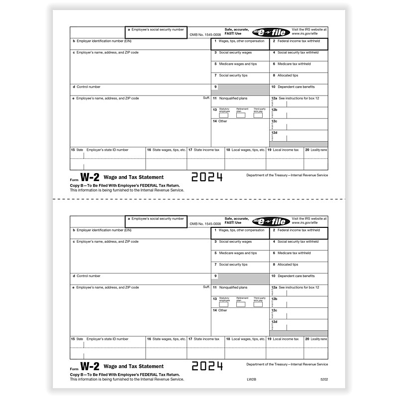 ComplyRight 2024 W-2 Tax Form, 1-Part, 2-Up, Employee Copy B, 50/Pack (520250) image 1