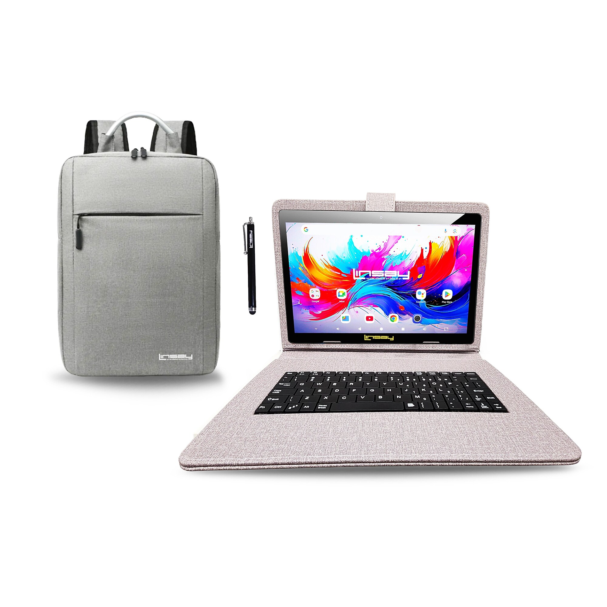 Linsay F10 Series 10.1″ Tablet, Wi-Fi, Octa Core, 256GB eMMC, Android 15, with Gray Cloth Keyboard Case, Backpack, & Stylus Pen Sansujyuku sansujyuku.com