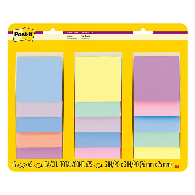 Post-it Super Sticky Notes, 3" x 3", Assorted Colors, 45 Sheets/Pad, 15 Pads/Pack (65415SSPS2) image 1