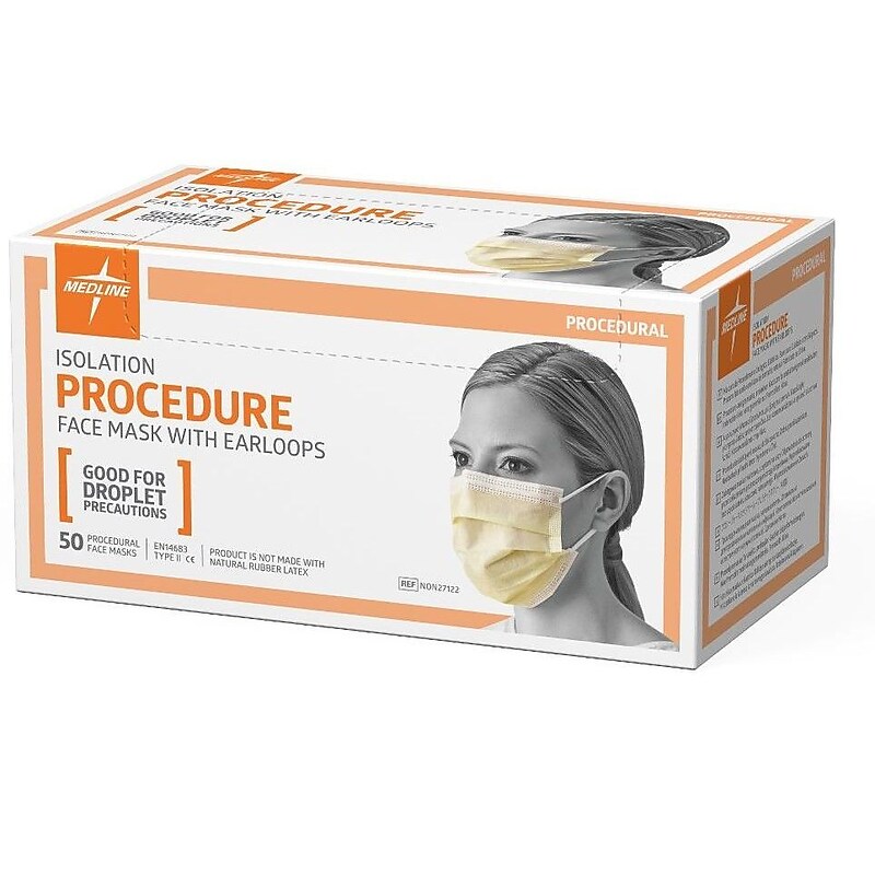 Medline Isolation Face Masks with Earloops, Yellow, 50/Box (NON27122Z) image 1