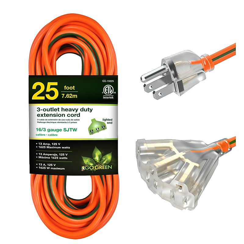 GoGreen Power Heavy Duty Extension Cord, Lighted End, Orange (GG-15025) image 1