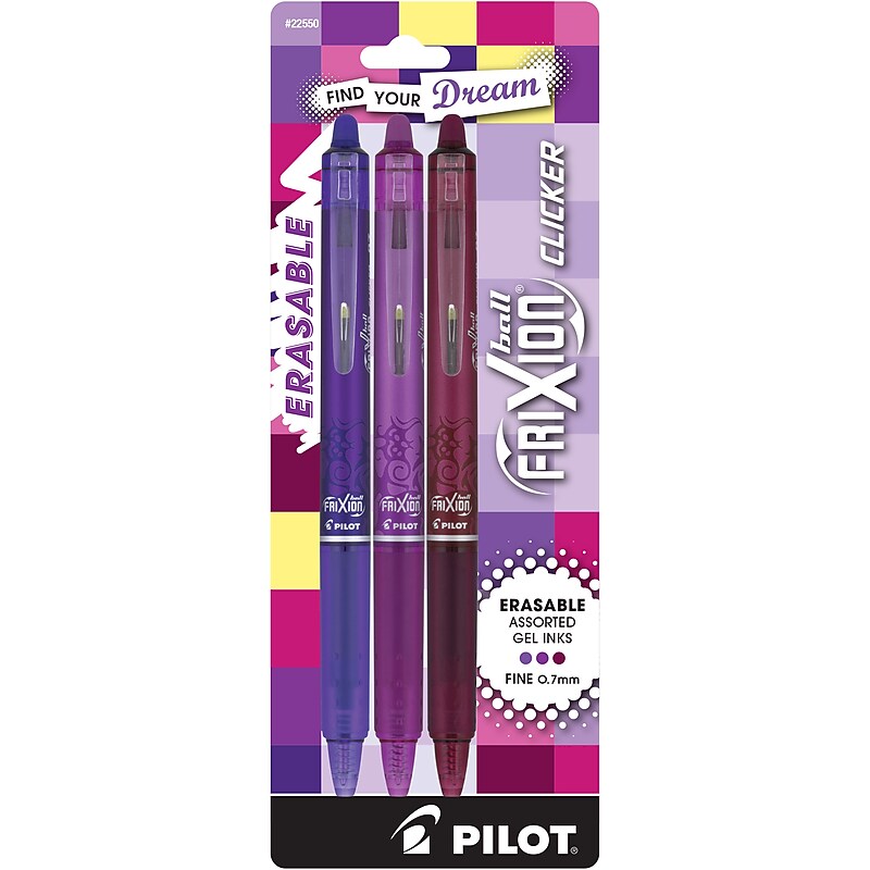 Pilot FriXion Clicker Vibe Erasable Gel Pen, Fine Point, 0.7mm, Assorted Ink, 3 Pack (FXCC3010F) image 1