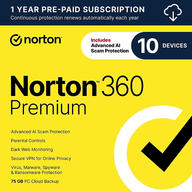 Norton 360 Premium Antivirus Software for 10 Devices, Windows/Mac/Android/iOS, Download (21390643) image 1
