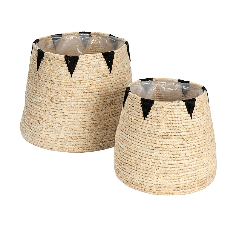 Household Essentials Round Handwoven Corn Leaf Basket, Natural/Black, 2/Set (HE1210) image 1