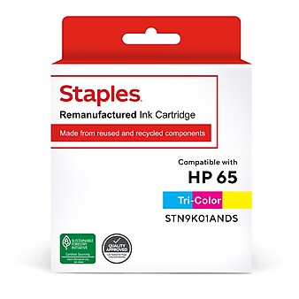 Staples Remanufactured Tri-Color Standard Yield Ink Cartridge Replacement for HP 65 (TRN9K01ANDS/STN9K01ANDS)