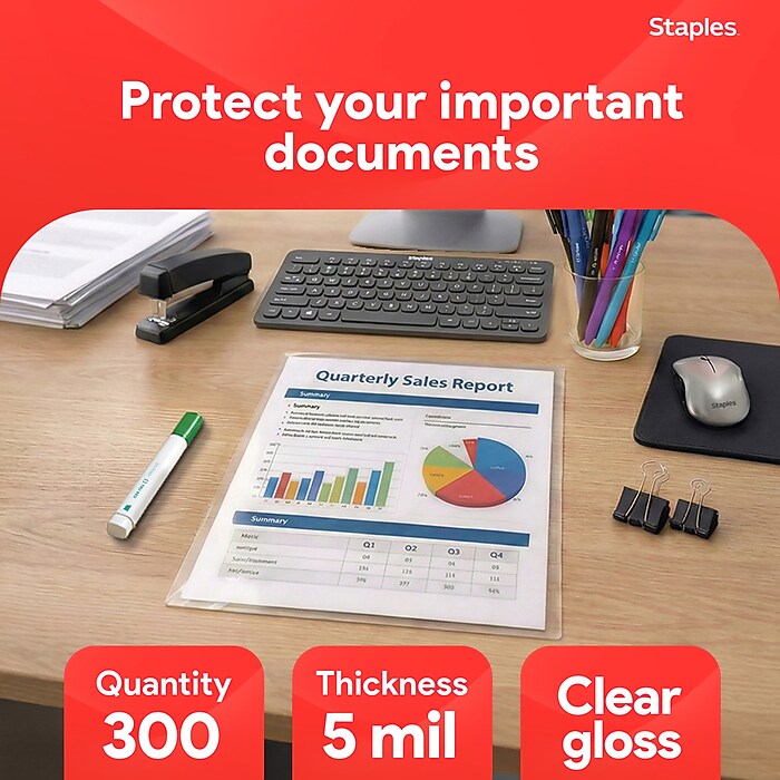 Staples Thermal Laminating Pouches, Letter Size, 5 Mil, 300/Box