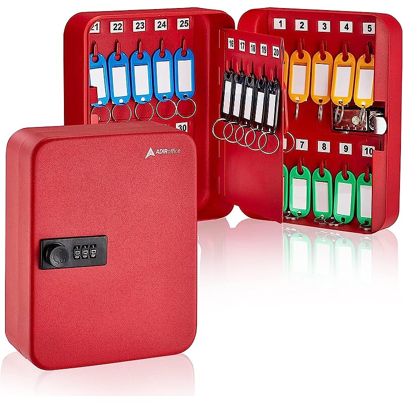 AdirOffice 30-Key Cabinet with Combination Lock and Key Tags, Red (682-30-RED-689-PKG) image 1
