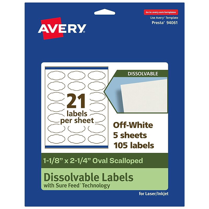 Avery Dissolvable Decorative Edge Multipurpose Labels, 1-1/8" x 2-1/4", Off-white, 105/Pack (94061) image 1