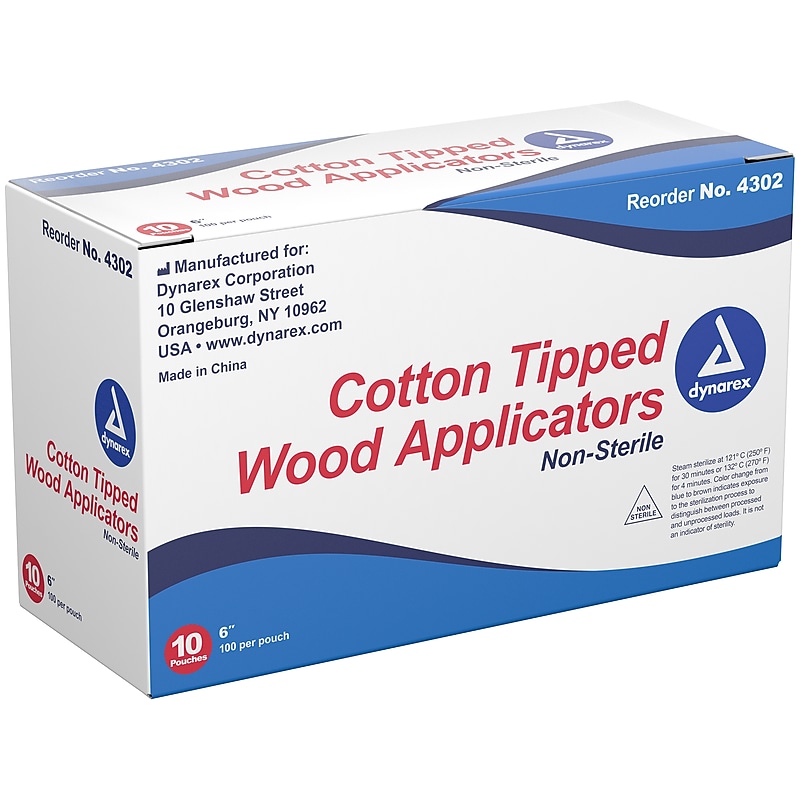 Dynarex Cotton-Tipped Applicator, Non-Sterile, 100/Pouch, 10 Pouches/Box, 10 Boxes/Carton (4302) image 1