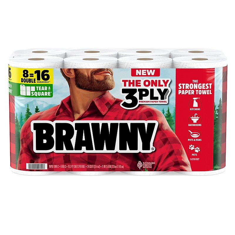 Brawny Tear-A-Square Paper Towels, 3-ply, 76 Sheets/Roll, 8 Rolls/Pack (446005) image 1
