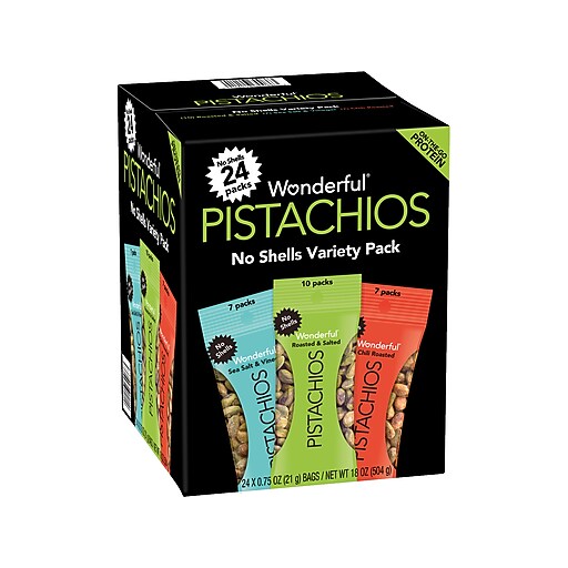 Wonderful Pistachios Variety Pack, No Shells, 0.75 oz., 24 Bags/Box