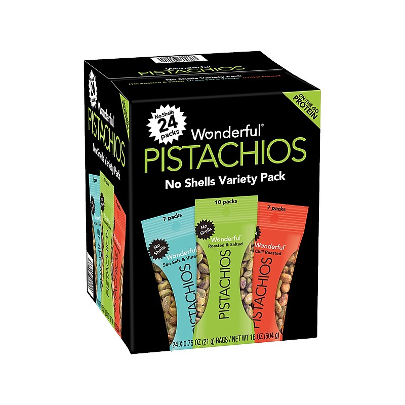 Wonderful Pistachios Variety Pack, No Shells, 0.75 oz., 24 Bags/Box (070146A29V) image 1