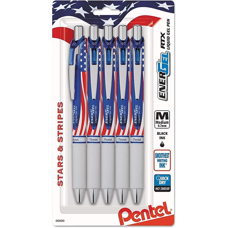 Pentel EnerGel Stars & Stripes Liquid Gel Pen, 0.7 mm Point Size, Black, 5/Pack image 1