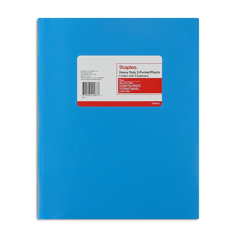 Staples Matte 2-Pocket Plastic Portfolio Folder with Fasteners, Blue (ST55477-CC) image 1