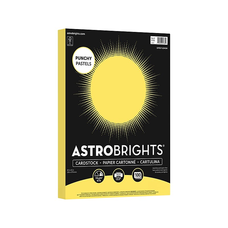 Astrobrights Punchy Pastels 65 lb. Cardstock Paper, 8.5" x 11", Lively Lemon, 100 Sheets/Ream (91785) image 1