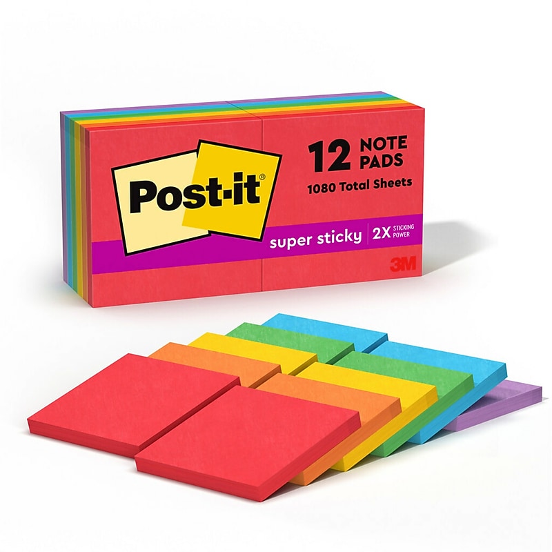 Post-it Super Sticky Notes, 3" x 3", Playful Primaries Collection, 90 Sheet/Pad, 12 Pads/Pack (65412SSAN) image 1