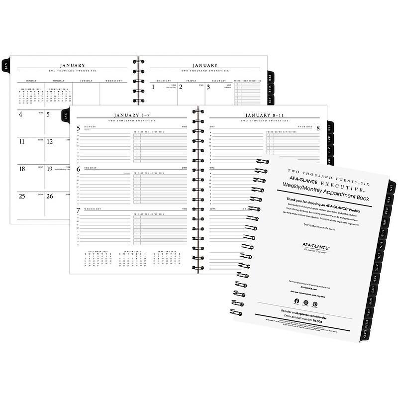 2026 AT-A-GLANCE Executive 8.75" x 6.5" Weekly & Monthly Appointment Book Refill, White/Black (70-908-10-26) image 1