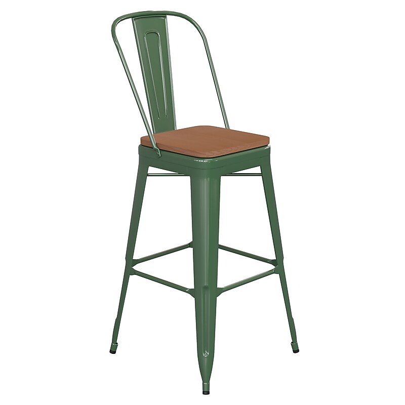 Flash Furniture Kai Indoor-Outdoor Bar Height Stool with Removable Back, Green with Teak Seat (CH3132030GGNP2T) image 1