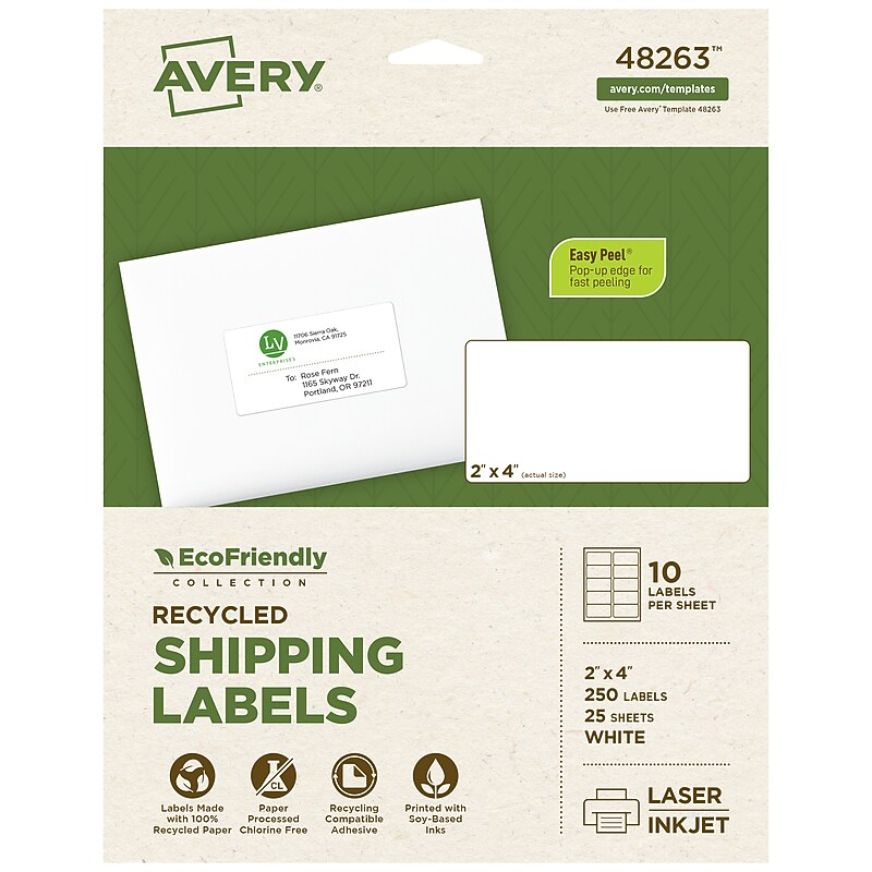 Avery EcoFriendly Laser/Inkjet Shipping Labels, 2" x 4", White, 250 Labels/Pack (48263) image 1