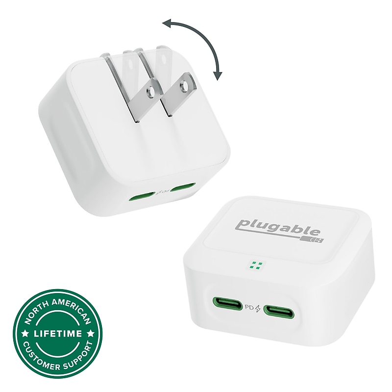 Plugable 40W Dual USB-C Wall Charger, White (PS-40C2W) image 1