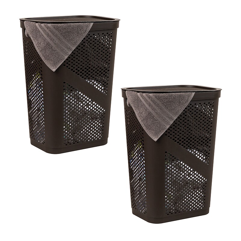 Mind Reader 15.85-Gallon Slim Laundry Hamper with Lid, Plastic, Brown, 2/Set (2HBIN60-BRN) image 1