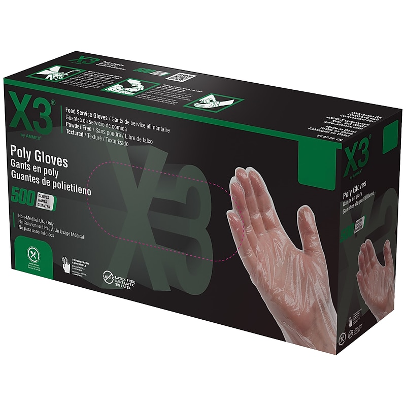 Ammex X3 Poly Gloves, Medium, Clear, 500/Box (PGLOVE-M-500) image 1