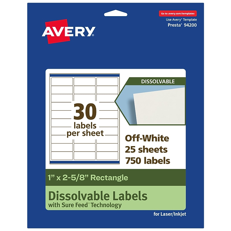 Avery Dissolvable Rectangle Multipurpose Labels, 1" x 2-5/8", Off-white, 750/Pack (94200) image 1