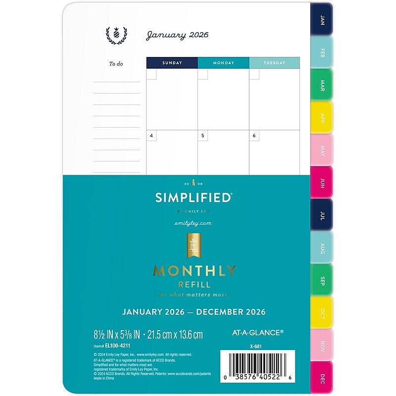 2026 AT-A-GLANCE Simplified by Emily Ley 8.5" x 5.5" Monthly Planner Refill Pages, Multicolor (EL100-4211-26) image 1