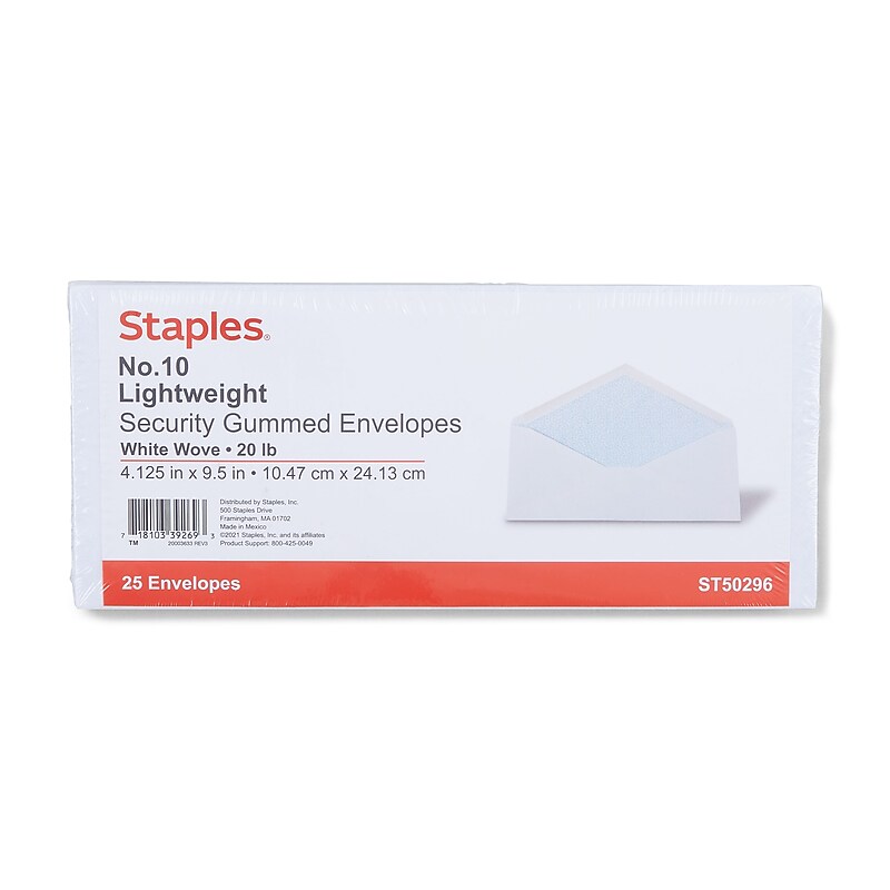 Staples Security Tinted #10 Business Envelope, 4 1/8" x 9 1/2", White, 25/Pack image 1