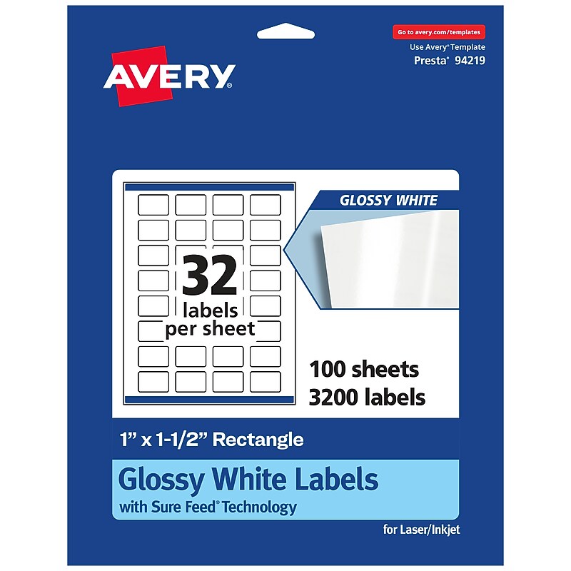 Avery Laser/Inkjet Rectangle Multipurpose Labels, 1.5"  x 1", Glossy White, 3200/Box (94219) image 1