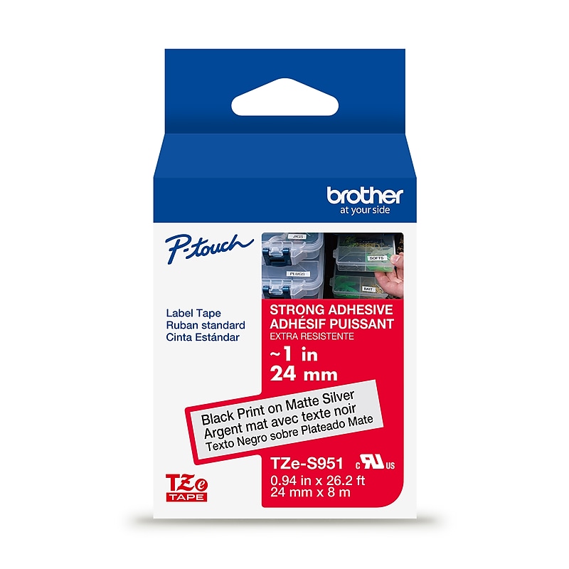 Brother P-touch Strong Adhesive Laminated Label Tape, ~1" x 26.2', Black on Matte Silver (TZeS951) image 1