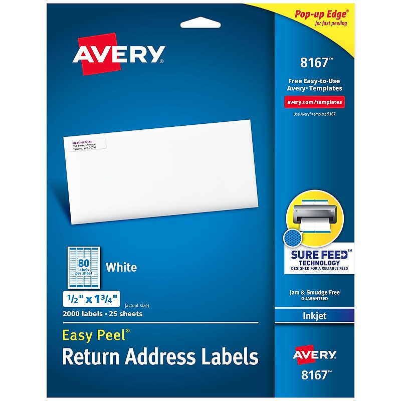 Avery Easy Peel Inkjet Return Address Labels, 1/2" x 1-3/4", White, 2,000 Labels/Pack (8167) image 1