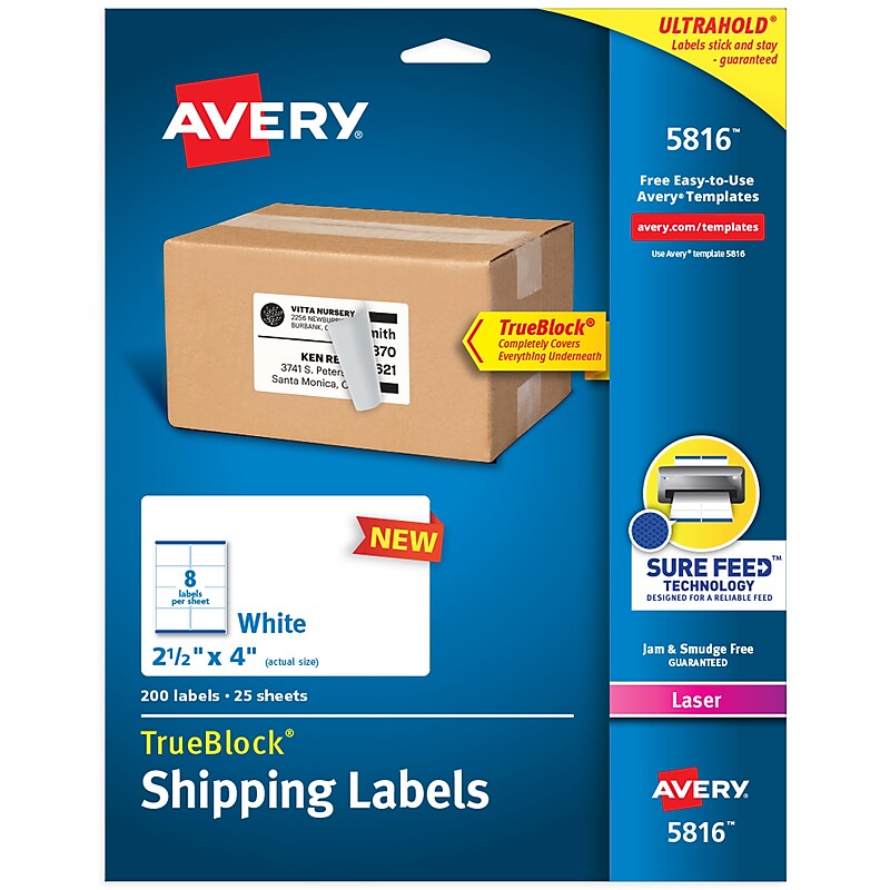 Avery TrueBlock Laser Shipping Labels, 2-1/2" x 4", White, 200 Labels/Pack (5816) image 1