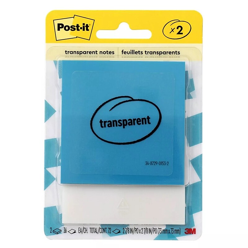 Post-it Transparent Sticky Notes, 2.875" x  2 .875", Assorted Colors, 36 Sheets/Pad, 2 Pads/Pack (600-2TRCOL) image 1